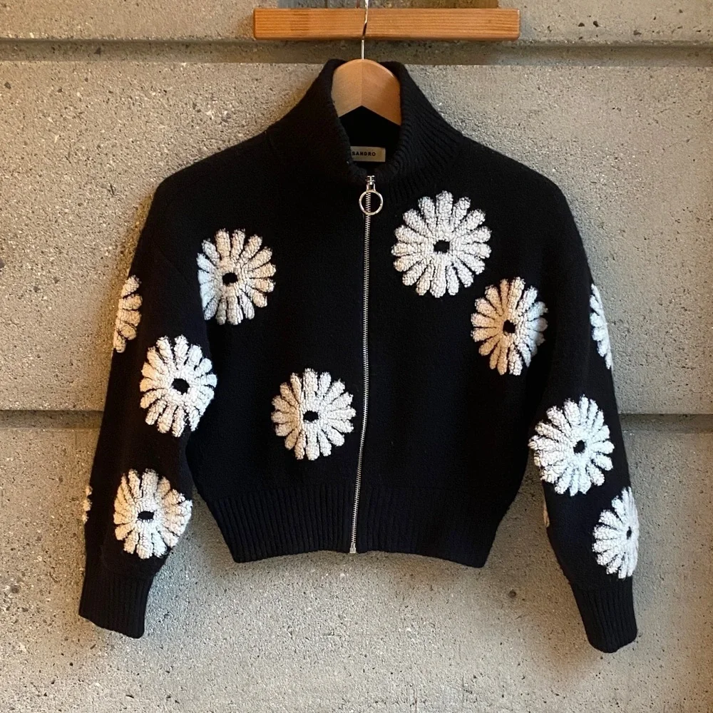 Sandro Floral Trucker-Style Sweater - Picture 1 of 9